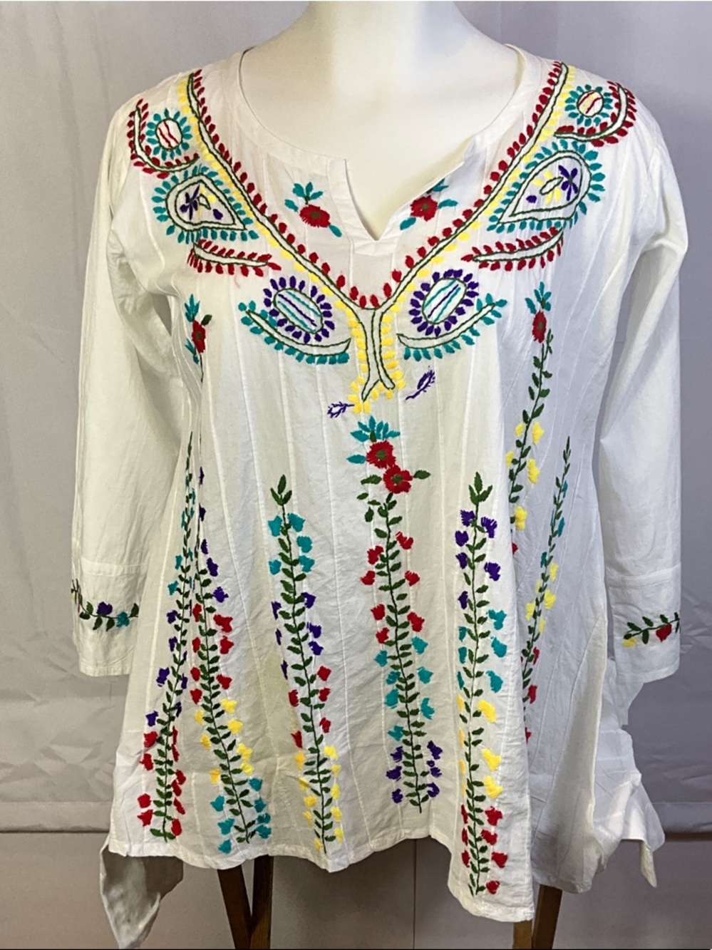 Raj Boho White Blouse with Multicolor Floral Embroidery Size XL